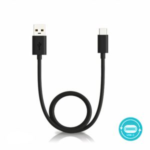 A black USB cable with a standard USB-A connector on one end and a USB-C connector on the other end is displayed against a white background. The cable is loosely coiled in the middle. In the bottom right corner, there is a circular icon indicating "USB-C" with a corresponding symbol.