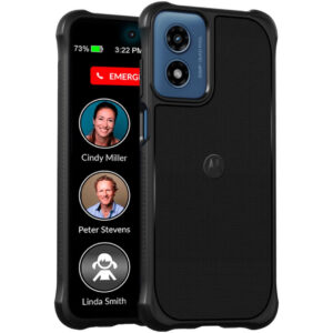 RAZ Memory Cell Phone encased in a rugged protective case, highlighting its large icons and emergency button.