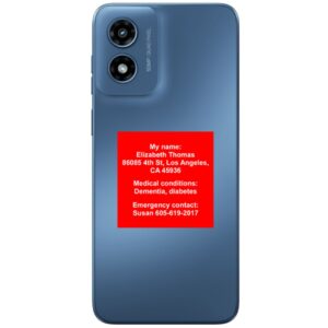 The back of the RAZ Memory Cell Phone is shown against a white background. The phone features a dual-camera setup at the top left corner with the label "50MP QUAD PIXEL" next to the cameras. In the center of the phone's back, there is a red emergency info tag with white text. The text reads: "My name: Elizabeth Thomas 86085 4th St, Los Angeles, CA 45936 Medical conditions: Dementia, diabetes Emergency contact: Susan 605-619-2017"
