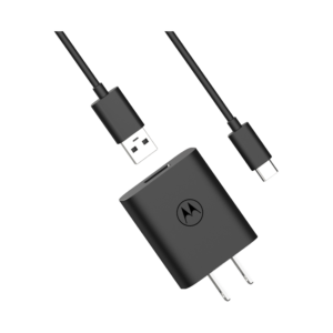 A black USB wall charger with a Motorola logo is displayed against a grey background. The charger has a USB-A port on one side and is shown with a black USB cable, featuring a USB-A connector on one end and a USB-C connector on the other. The USB-A connector is plugged into the charger, while the USB-C connector is shown separately, highlighting the components of the charging setup.