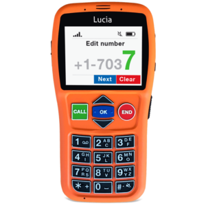 The front view of an orange Lucia Mobile phone. The device features a color screen displaying a phone number being edited, "+1-7037," with options to "Next" and "Clear" below the number. The interface shows signal strength and battery indicators at the top. Below the screen, there are three main buttons: a green "CALL" button, a blue "OK" button with directional arrows, and a red "END" button. The device also has a numeric keypad with large, clearly labeled buttons, making it user-friendly and accessible for easy dialing and navigation.