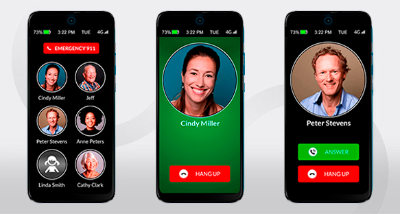 Three images of the RAZ Memory Cell Phone displaying different screens of its interface. The left phone screen shows a contact list with six contacts, including an emergency button at the top. The middle phone screen shows an active call with 'Cindy Miller,' with an option to hang up. The right phone screen shows an incoming call from 'Peter Stevens' with options to answer or hang up. All three screens have a status bar displaying a 73% battery charge, the time 3:22 PM, the day Tuesday, and a 4G signal indicator.