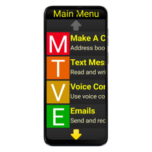 A Moto G Play 2024 smartphone with the Synapptic Solution displaying the main menu with options including 'Make a Call', 'Text message', 'Voice commands', 'Emails'.