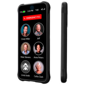 RAZ Memory Cell Phone encased in a rugged protective case with no buttons, highlighting its large icons and emergency button.